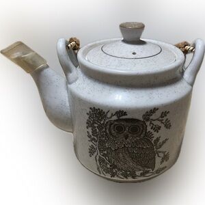 Vintage Otagiri Owl Tea Pot Porcelain Speckled Handcrafted Bamboo Handle Japan